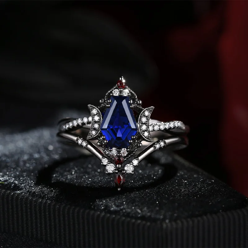 romantic engagement rings for women -Crescent Moon | Infinity Coffin Lab Sapphire & Garnet Twisted Black Gold Engagement Ring Set 2pcs - Alexandria