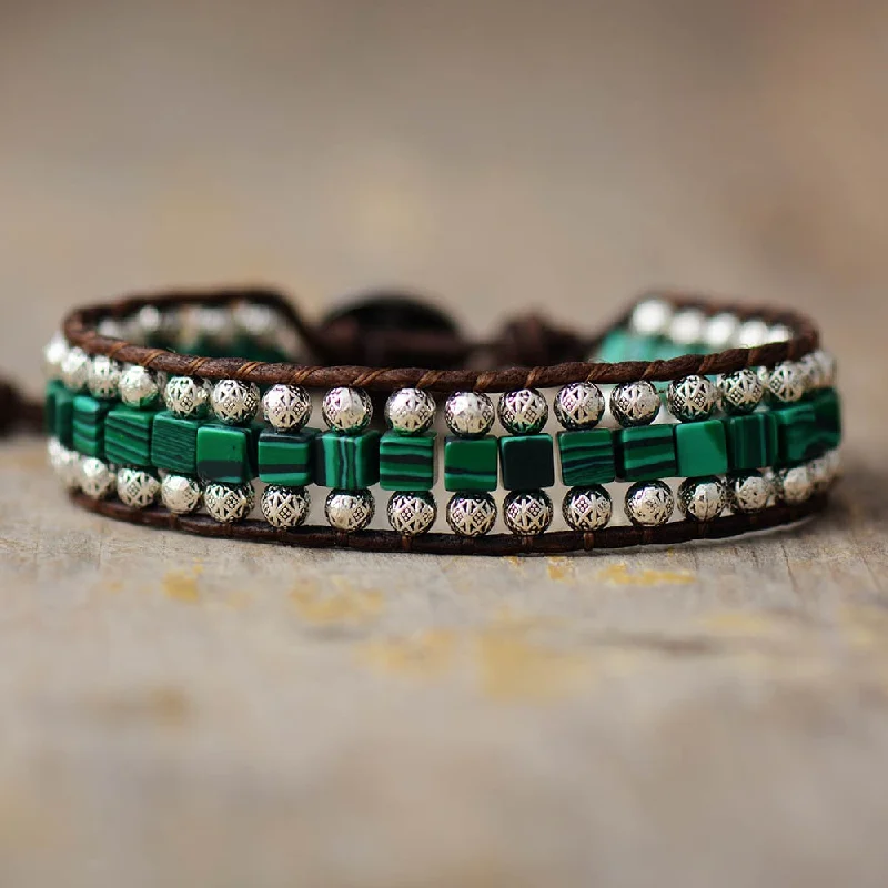 classic bangles for women -Malachite Tibetan Beads Cuff Bracelet