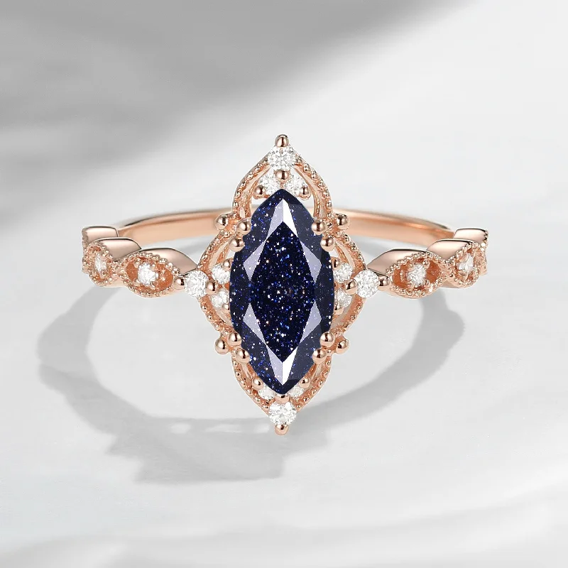 emerald cut engagement rings for women -18K Unique Marquise Blue Sandstone Vintage Inspired Engagement Ring