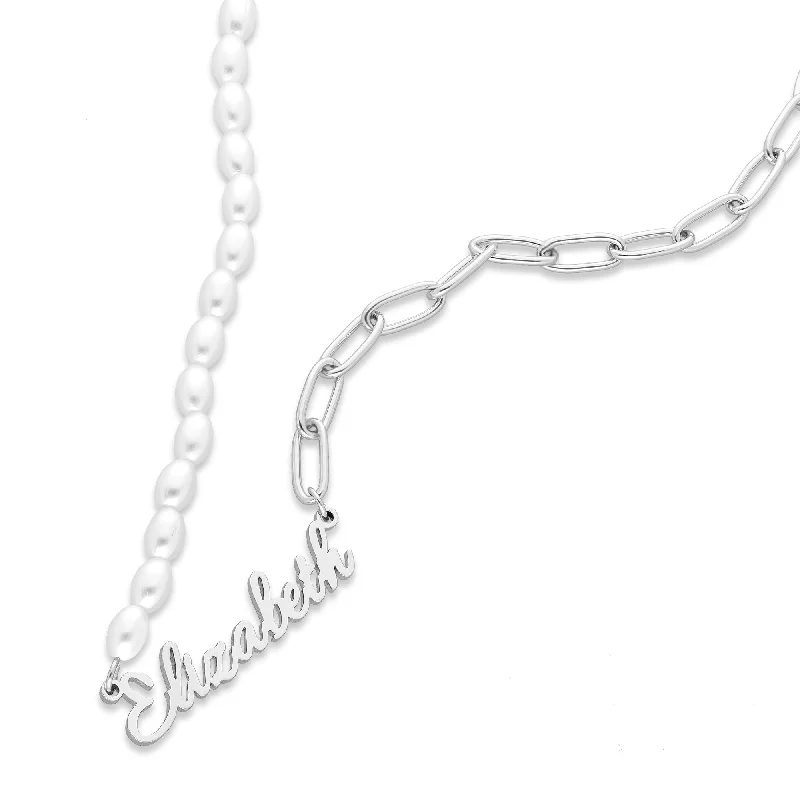 women’s layered gold necklaces -Pearl link name necklace silver