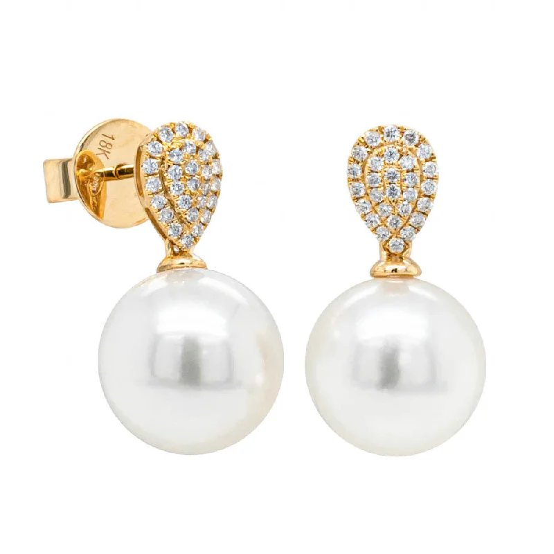 trendy stud earrings for women -18ct Yellow Gold 11.2mm South Sea Pearl & Diamond Aegean Earrings