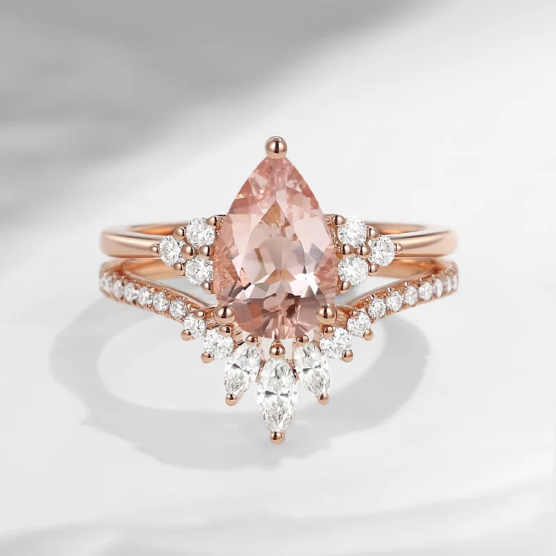 affordable engagement rings -1.5ct Pear Shaped Morganite Classic Cluster Engagement Ring Set 2pcs - Vivian