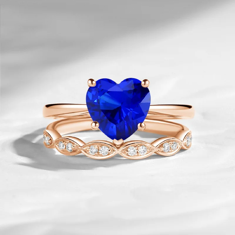 platinum diamond engagement rings -Unique Heart Shaped Solitare Lab Sapphire Engagement Ring 2pcs Set