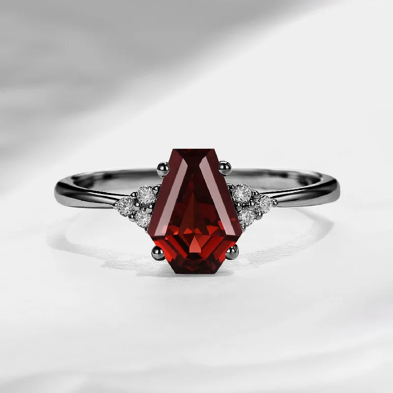 alternative engagement rings -Cluster Coffin Shaped Garnet Classic Black Gold Engagement Ring