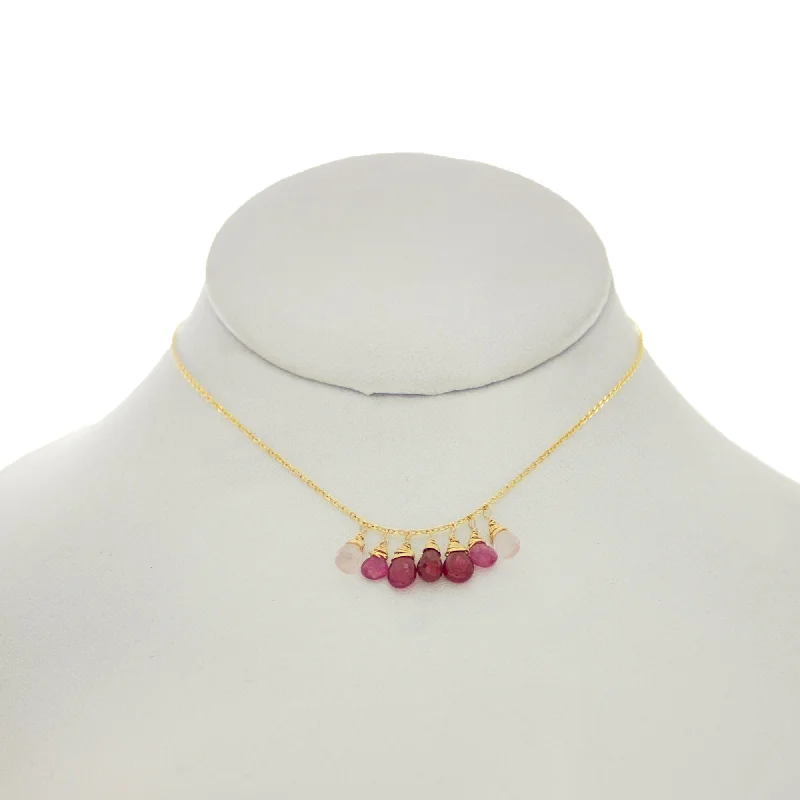 luxury gold necklaces for women -French Pink -Ruby, Pink Topaz, Rose Quartz Drops Dangle Necklace