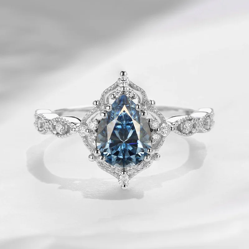 silver engagement rings -Vintage Pear Shaped Royal Blue Moissanite Engagement Ring