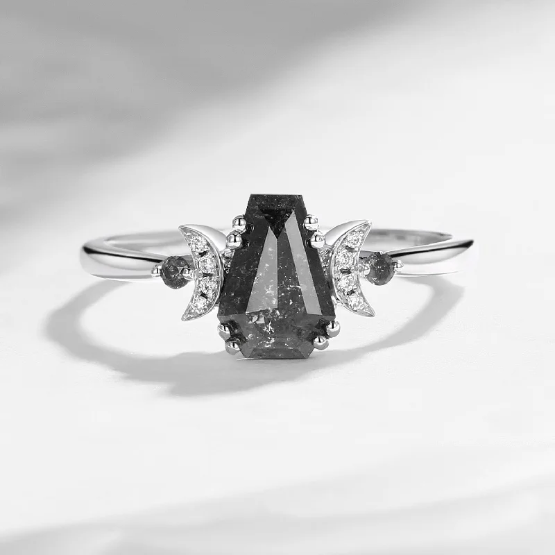 designer engagement rings -Crescent Moon | Coffin Salt and Pepper Diamond Classic Engagement Ring