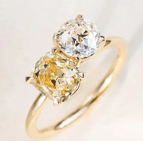 simple diamond engagement rings -Double Stones Design Cushion & Round Cut Engagement Ring