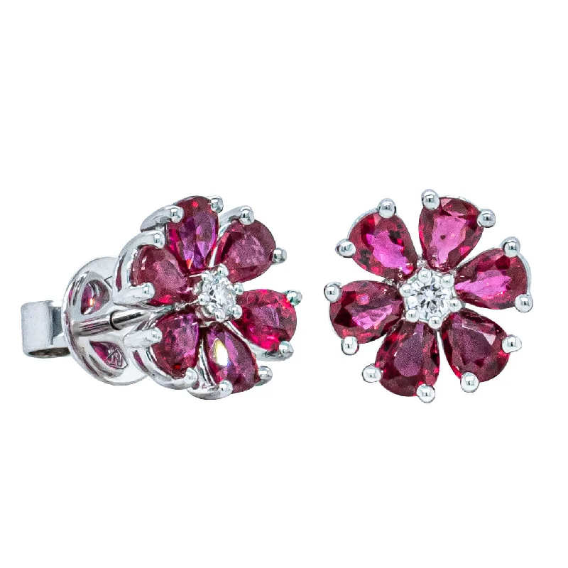 unique earrings for women -18ct White Gold 2.06ct Ruby & Diamond Flower Earrings