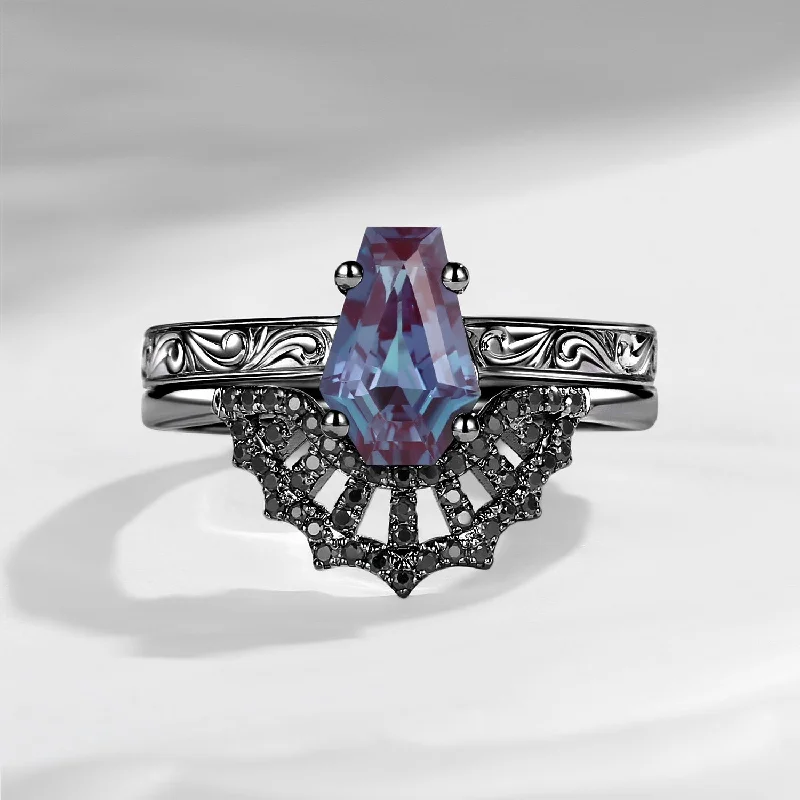 high-end engagement rings -Vintage Filigree Coffin Spider Web Lab Alexandrite Black Gold Engagement Ring Set 2pcs