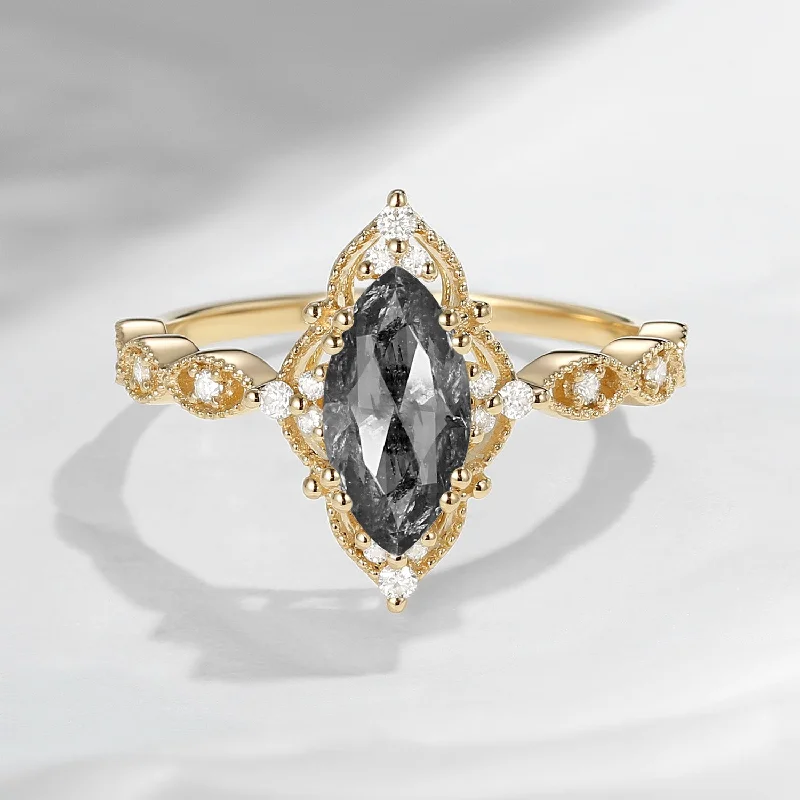 large solitaire engagement rings -Unique Marquise Cut Natural Salt And Pepper Diamond Vintage Inspired Engagement Ring