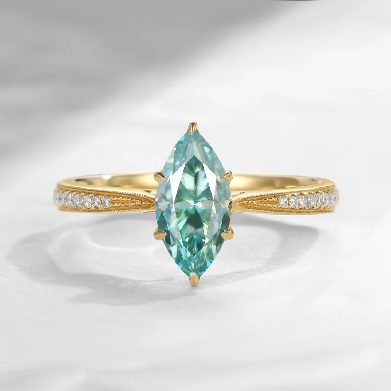 handcrafted engagement rings -Antique Marquise Teal Moissanite Engagement Ring