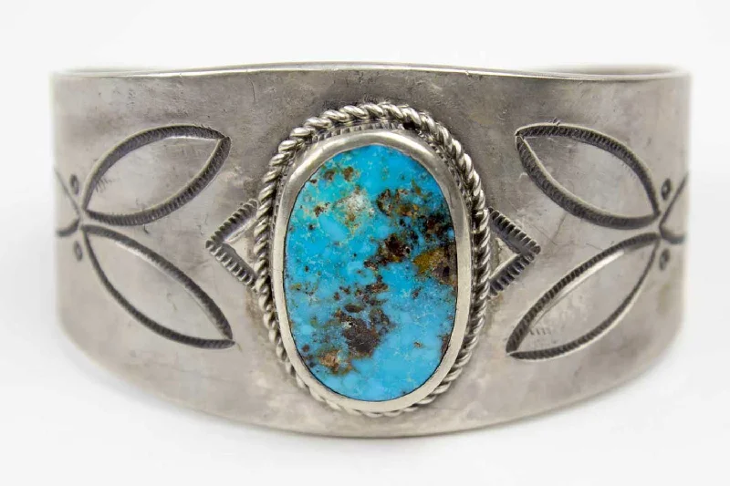 vintage-inspired bangles for women -Navajo Stamped Turquoise Cuff Bracelet by Leonard Chee