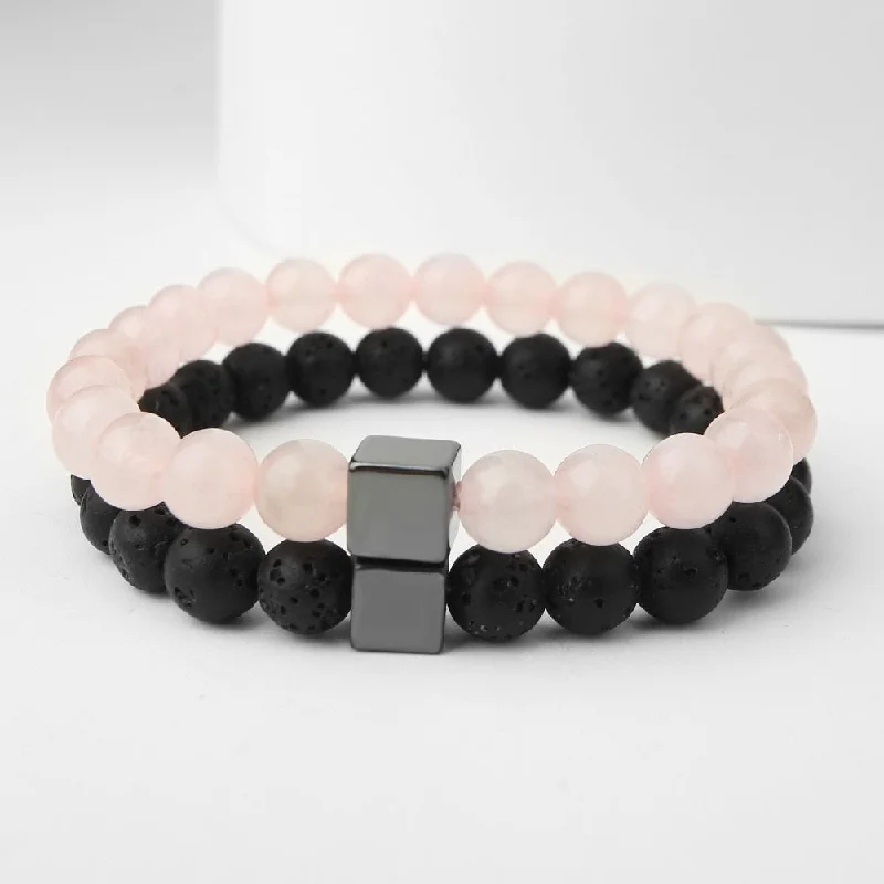 sterling silver bangle bracelets -Rose Quartz And Lava Stone Bracelet Duo