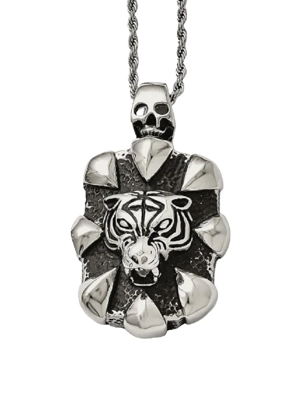 large statement necklaces for women -Stainless Steel Tiger Head and Claw Pendant Necklace