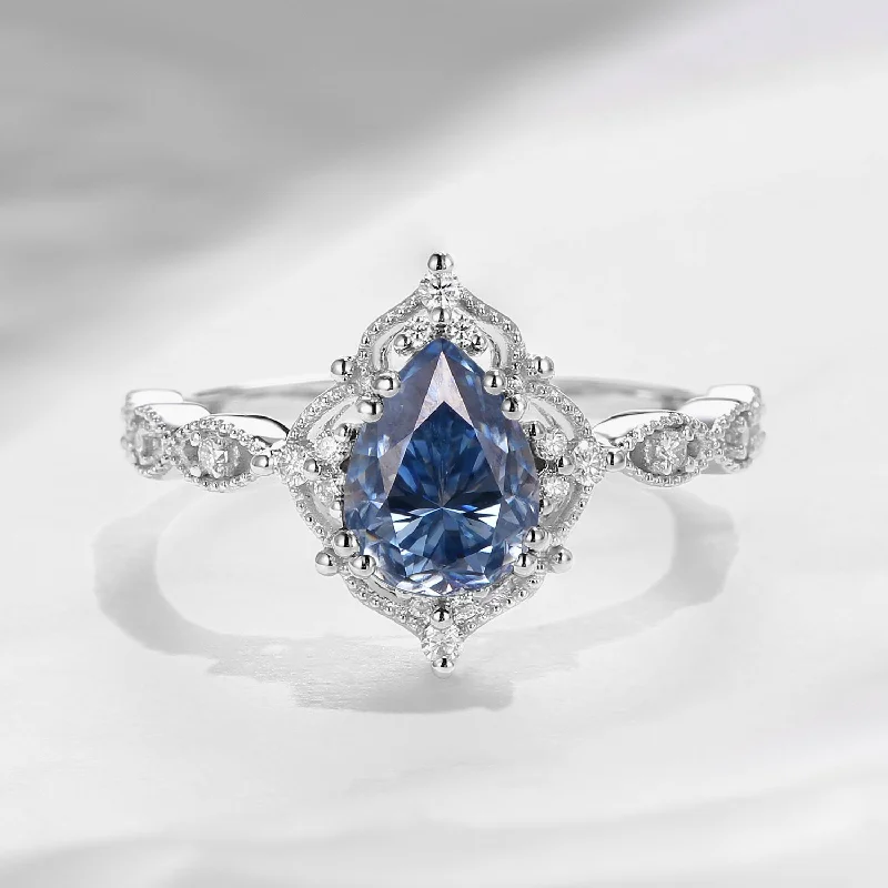 luxury gemstone engagement rings -Vintage Pear Shaped Blue Moissanite Engagement Ring