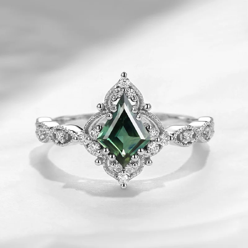 women’s engagement rings with emeralds -Vintage Inspired Milgrain Kite Cut Natural Teal Sapphire Engagement Ring