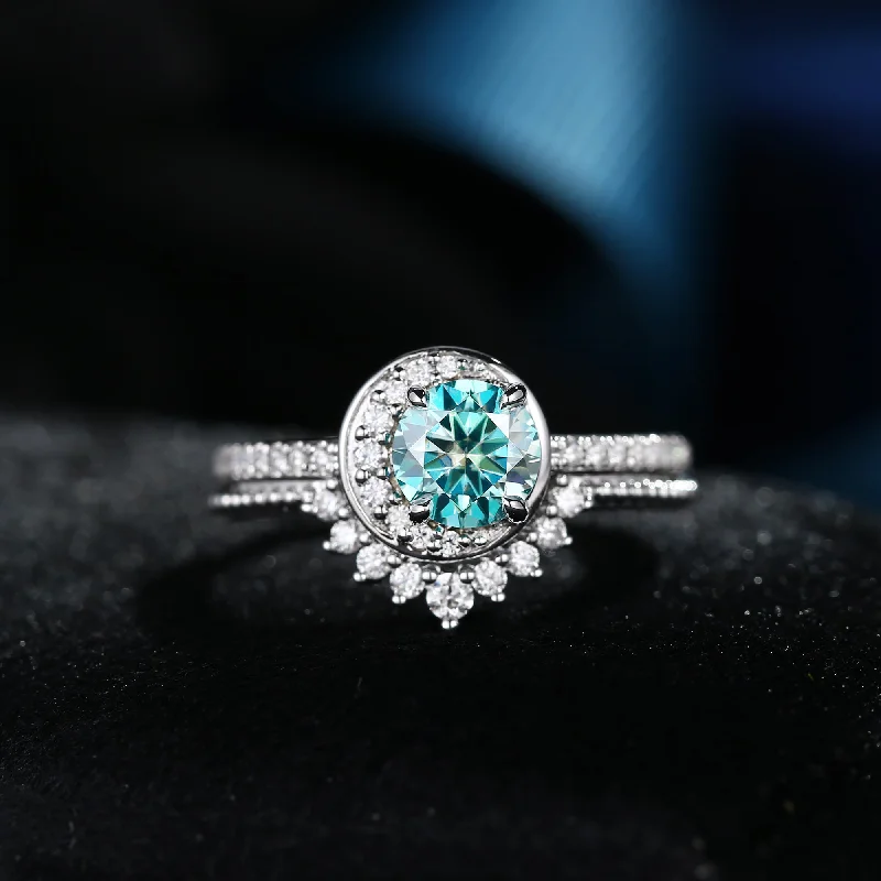 affordable diamond engagement rings -Crescent Moon | Unique Teal Moissanite Engagement Ring Set 2pcs - Full Moon