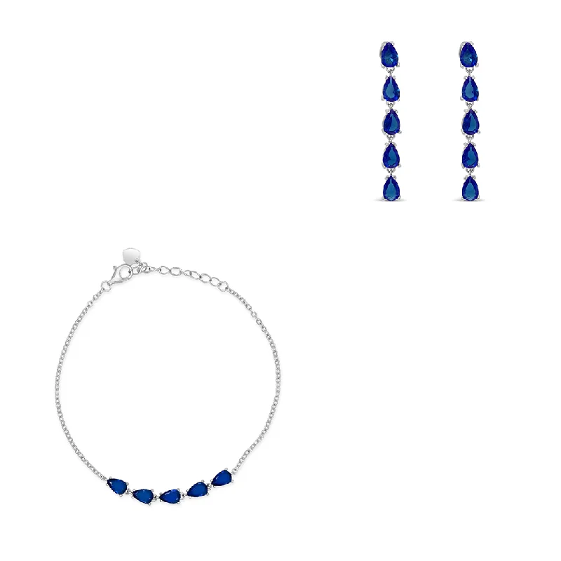 gold plated earrings -BLUE LINE OF PEARS BRACELET & STUD EARRING HALF SILVER SET