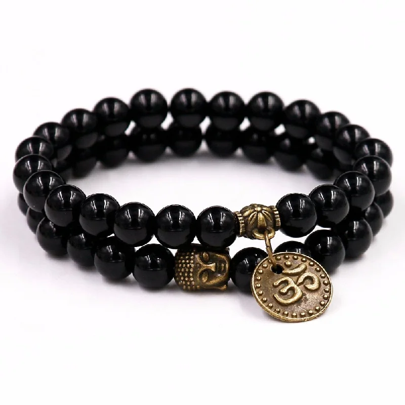 adjustable bangles for women -Black Onyx Buddha Om Charm Bracelet