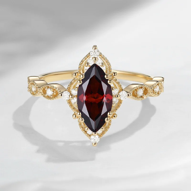 silver engagement rings for women -18K Unique Marquise Garnet Vintage Inspired Engagement Ring