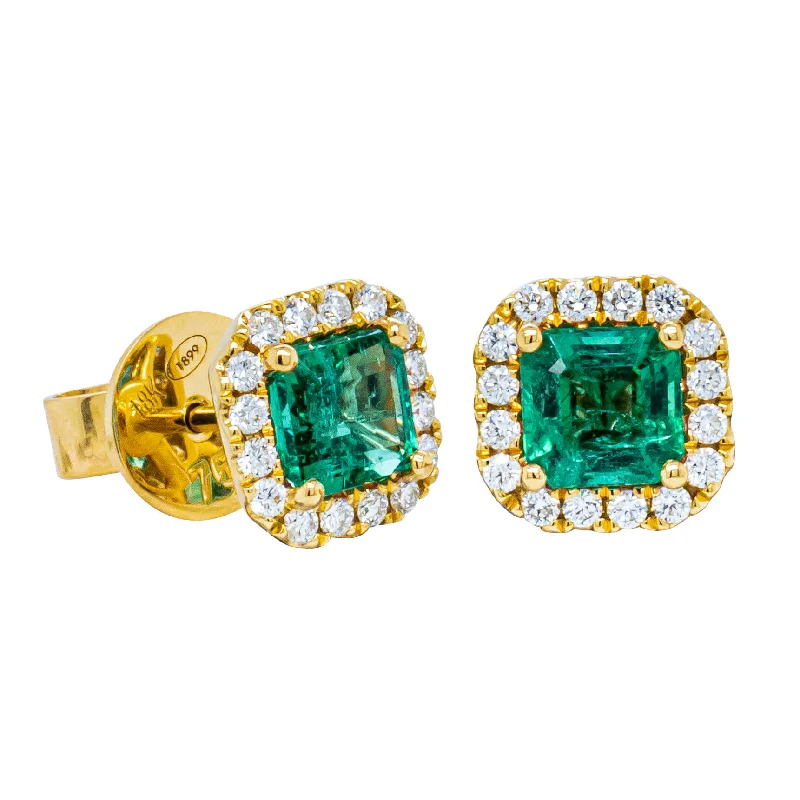 vintage stud earrings -18ct Yellow Gold 1.48ct Emerald & Diamond Peony Stud Earrings