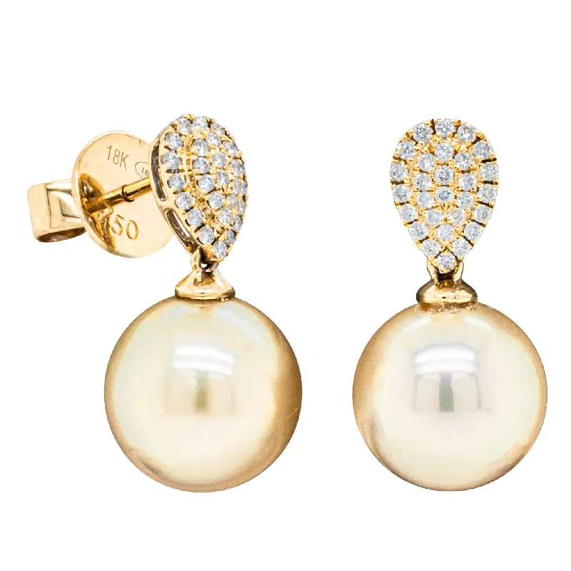 gemstone dangling earrings -18ct Yellow Gold 10mm Golden Pearl & Diamond Aegean Earrings