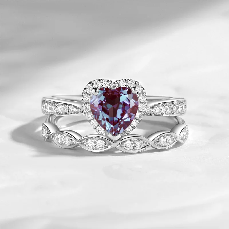 women’s stacked engagement rings -Unique Heart Shaped Halo Lab Alexandrite Engagement Ring 2pcs Set