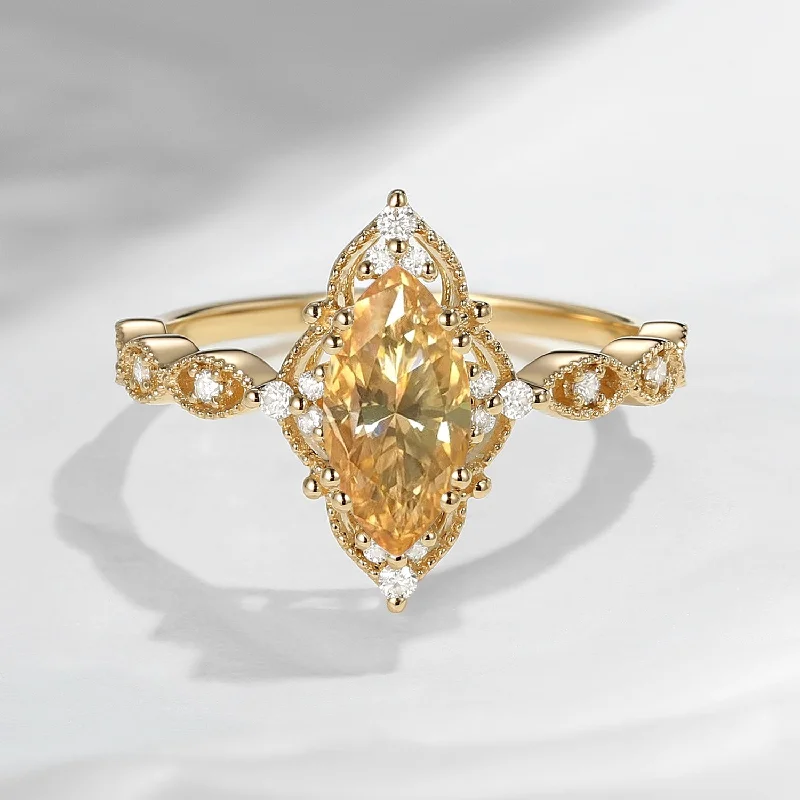 unique engagement rings for women -18K Unique Marquise Champagne Moissanite Vintage Inspired Engagement Ring