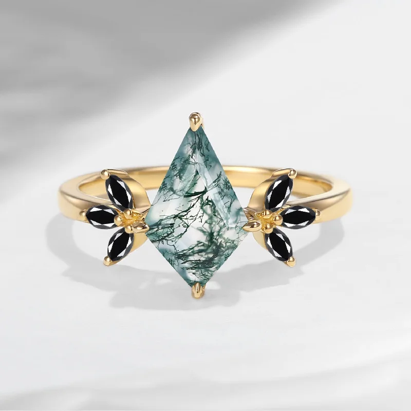 anniversary engagement rings -Unique Kite Shaped Moss Agate & Black Moissanite Butterfly Engagement Ring