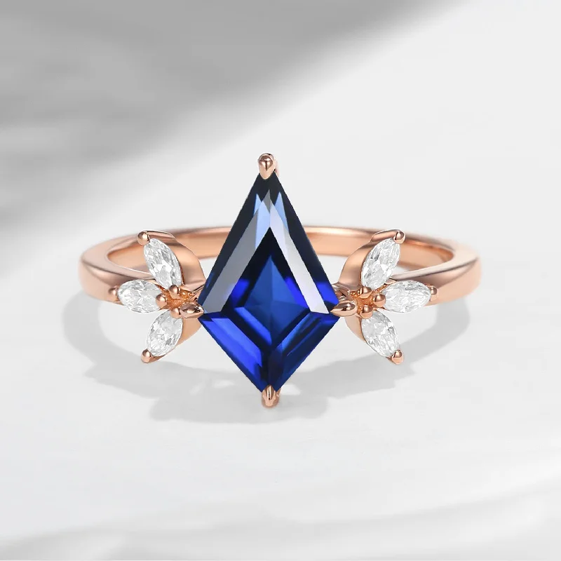 bold engagement rings -Unique Kite Shaped Lab Sapphire Butterfly Engagement Ring