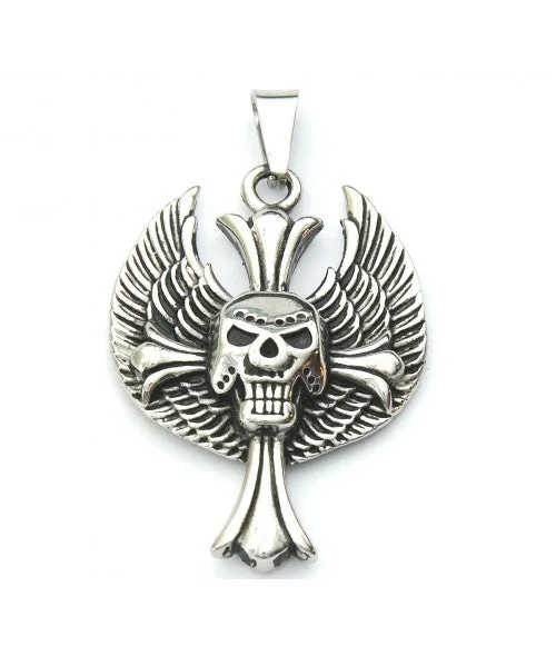 double chain necklaces for women -Stainless Steel Cross Skull Wing Pendant Necklace