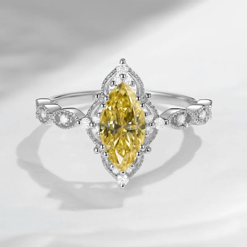 solitaire engagement rings for women -18K Unique Marquise Yellow Moissanite Vintage Inspired Engagement Ring