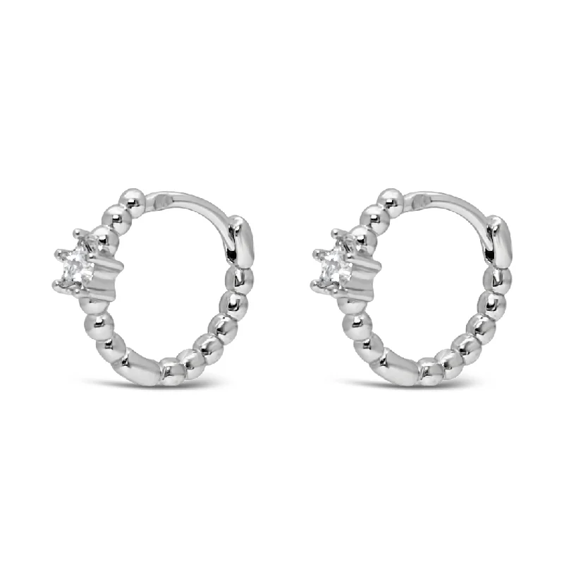 silver earrings for women -BEADED STAR STONED HOOP SILVER EARRINGS