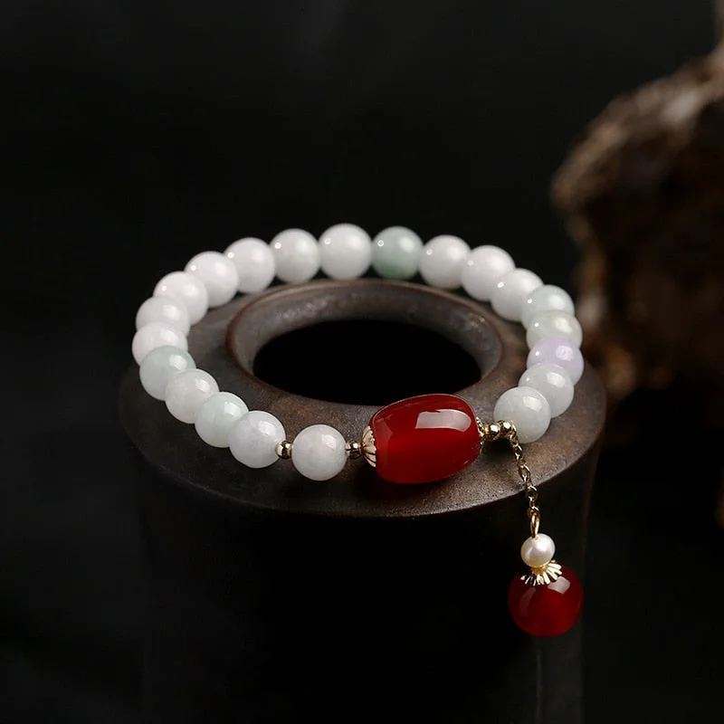 vintage-inspired bangles for women -White Jade and Agate Serenity Bracelet