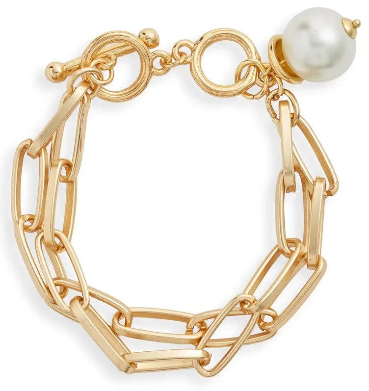 classic gold bangles for women -Polished Link & Pearl Bracelet