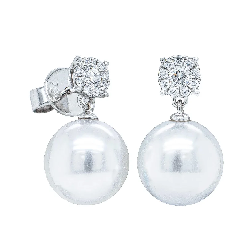 gold earrings for women -18ct White Gold South Sea Pearl & Diamond Galaxy Earrings