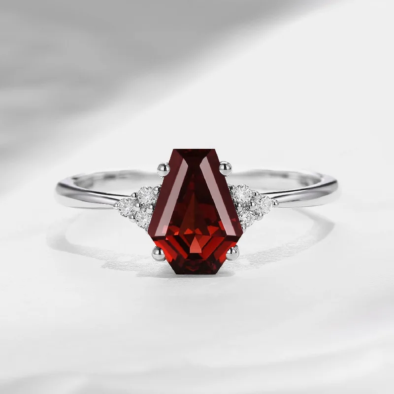 silver engagement rings for women -Cluster Coffin Shaped Garnet Classic Engagement Ring