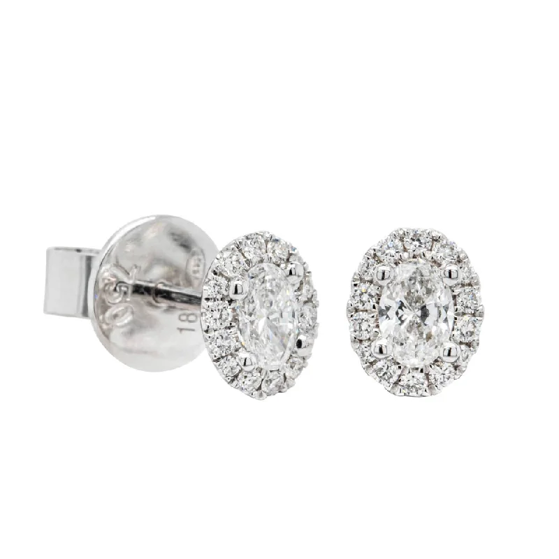 vintage earrings for women -18ct White Gold .38ct Oval Cut Diamond Halo Earrings