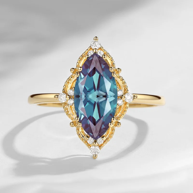 fancy cut engagement rings -2.5ct 18K Marquise Vintage Inspired Lab Alexandrite Engagement Ring