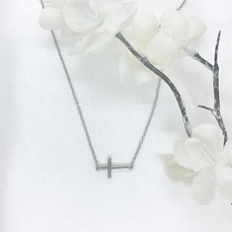 sparkling crystal necklaces for women -Sterling Silver Sideways Cross Necklace