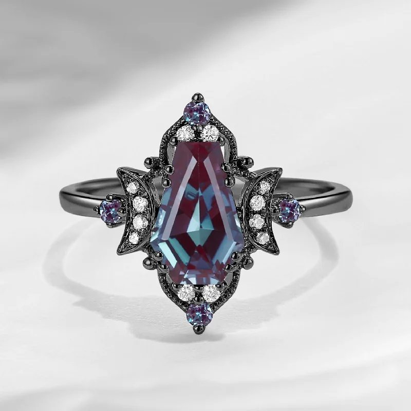 halo engagement rings for women -Crescent Moon｜Unique Coffin Lab Alexandrite Black Gold 'Evermore' Engagement Ring