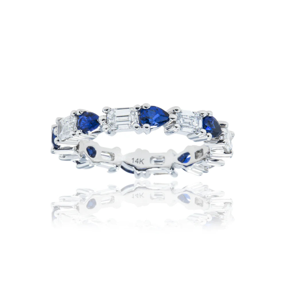 chunky rings for women -Lilibeth 3.03 Carat Emerald Cut Diamond & Pear Cut Sapphire Eternity Ring in 14K White Gold