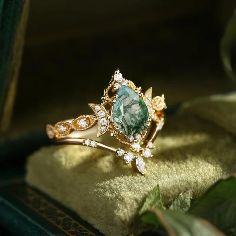 heart-shaped engagement rings -Crescent Moon | Unique Pear Shape Moss Agate Engagement Ring Set 2pcs - Luna