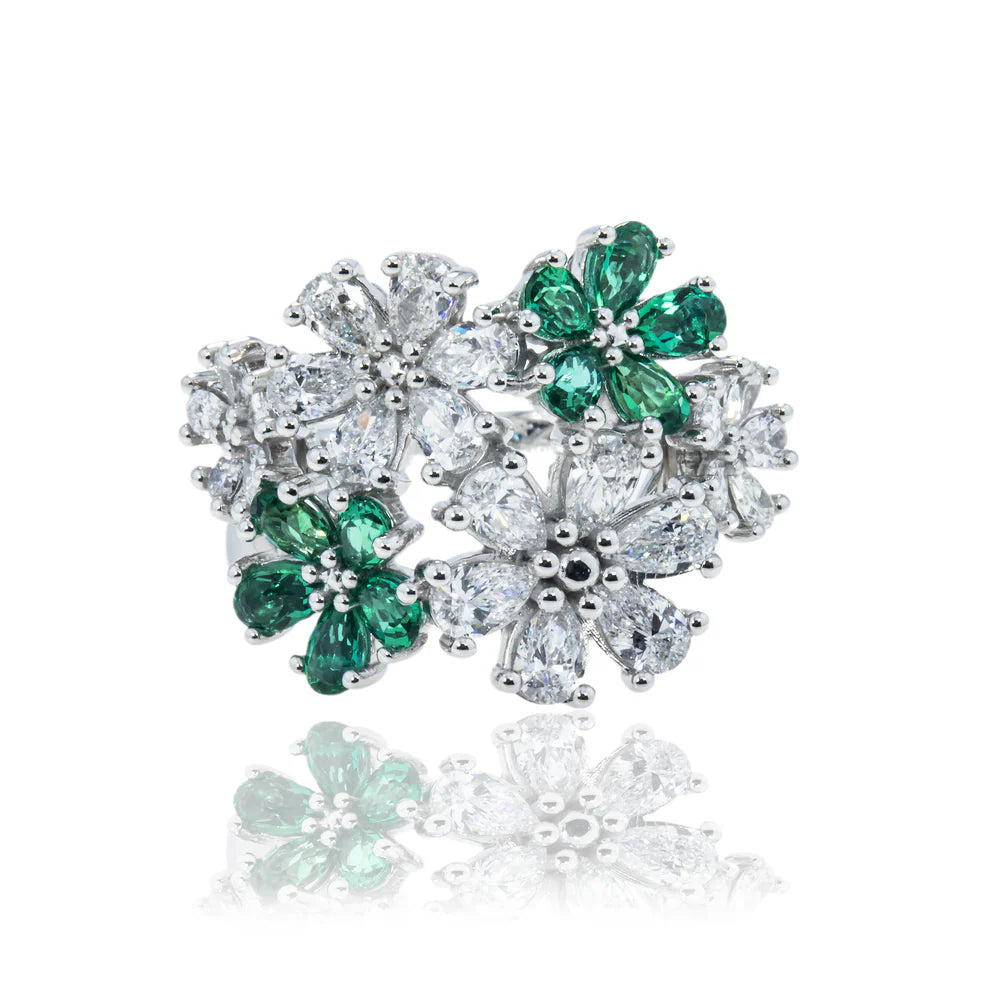 women’s rings -Lisette 3.07 Carat Pear Cut Emerald & Diamond Spring Flower Ring in 14K White Gold