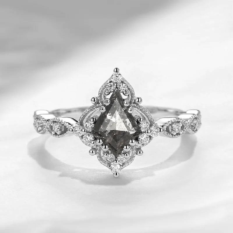 customized engagement rings -Vintage Inspired Milgrain Kite Cut Salt And Pepper Diamond Engagement Ring