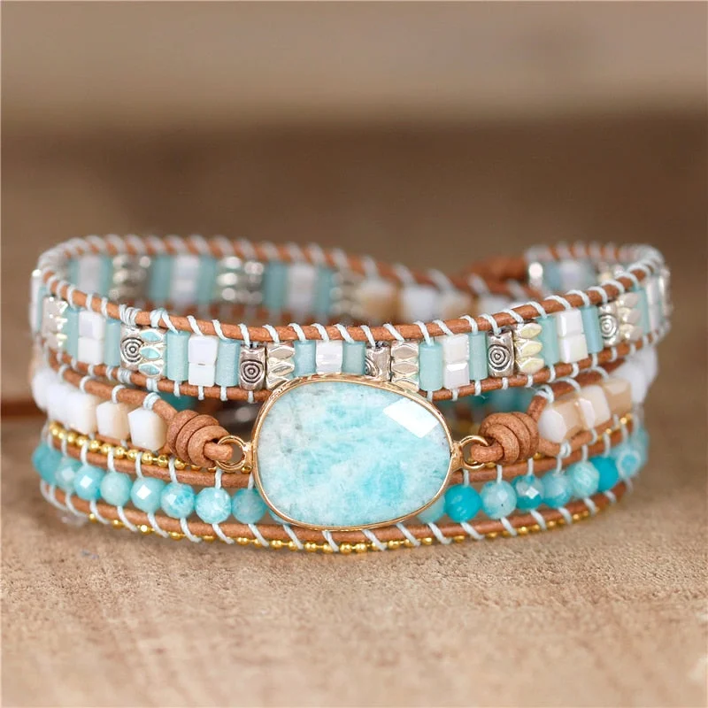 leather cuff bracelets -Calming Amazonite Wrap Bracelet