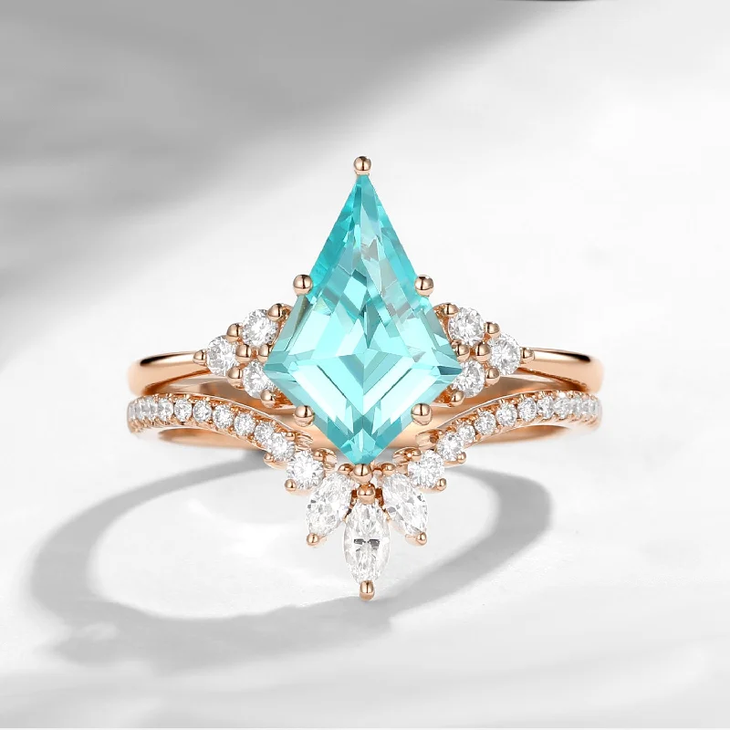 high-end engagement rings -Kite Cut Lab Paraiba Classic Cluster Engagement Ring Set 2pcs - Electra