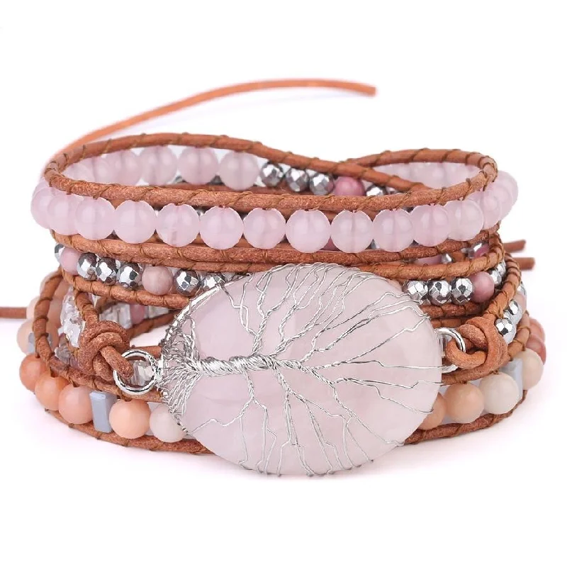 sterling silver bangle bracelets -Tree of Life Rose Quartz Bracelet