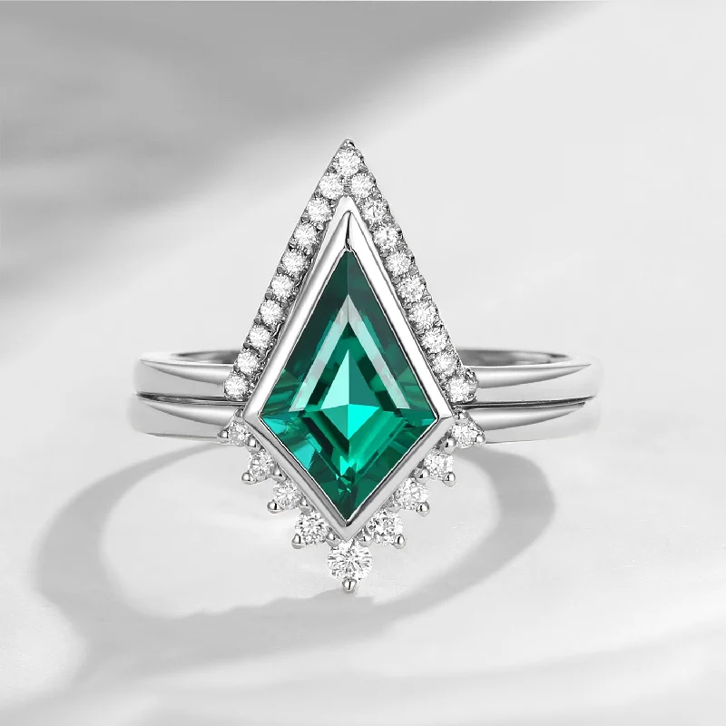 designer engagement rings -In Stock | 18K Art Deco Kite Shaped Lab Emerald Engagement Ring Set 2pcs - Statement